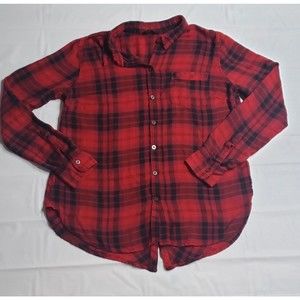 Women's Lucky Brand Red Black Buffalo Plaid Soft Button Down Split Hem Back Sz M